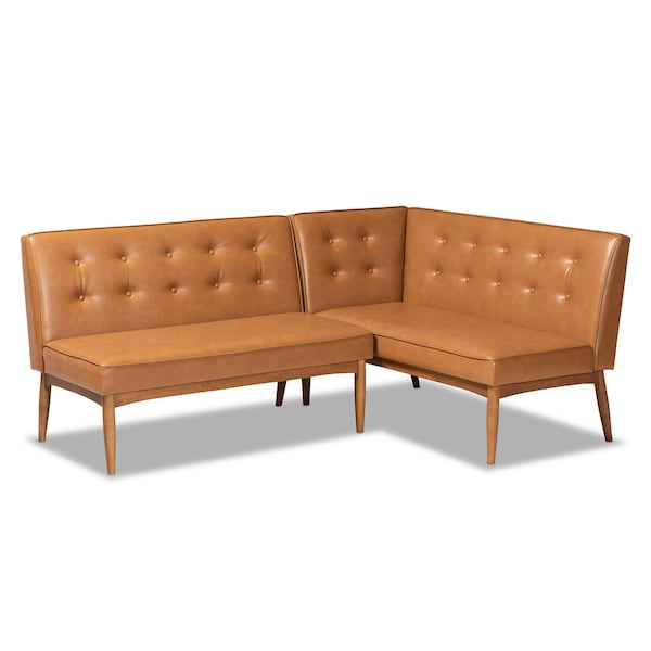 Baxton Studio Arvid Mid-Century Tan Faux Leather and Walnut Brown Finished 2-PC Wood Dining Nook Banquette Set 175-10837-Zoro - main
